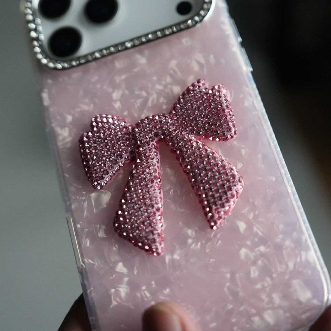 iPhone 17 Pro Marble Design Case | Luxury Rhinestone Camera Frame & 3D Diamond Bow Cover