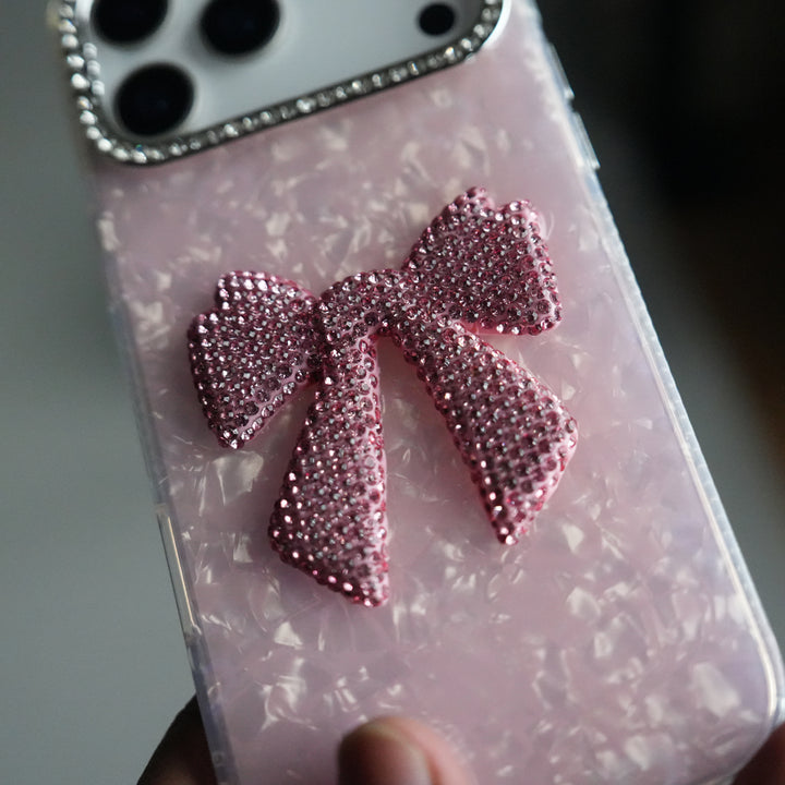 iPhone 17 Pro Marble Design Case | Luxury Rhinestone Camera Frame & 3D Diamond Bow Cover
