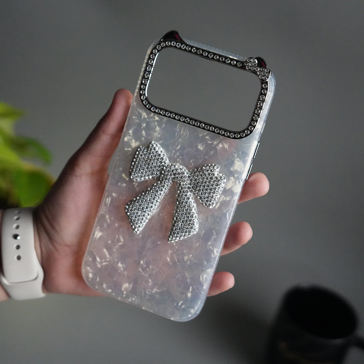 iPhone 17 Pro Marble Design Case | Luxury Rhinestone Camera Frame & 3D Diamond Bow Cover