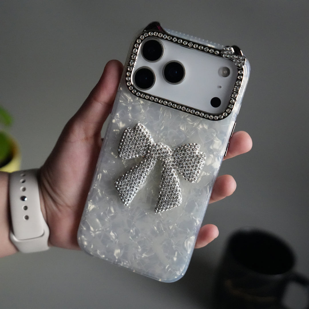 iPhone 17 Pro Marble Design Case | Luxury Rhinestone Camera Frame & 3D Diamond Bow Cover