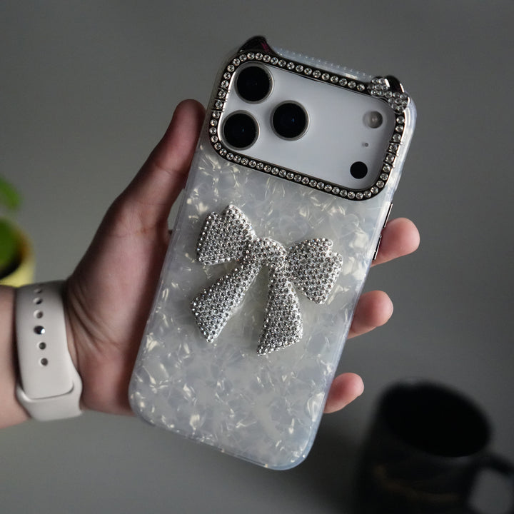iPhone 17 Pro Marble Design Case | Luxury Rhinestone Camera Frame & 3D Diamond Bow Cover