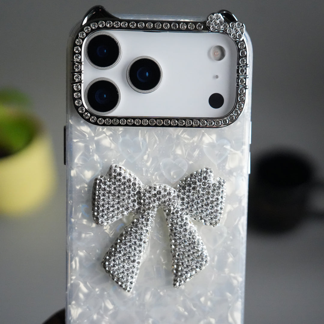 iPhone 17 Pro Marble Design Case | Luxury Rhinestone Camera Frame & 3D Diamond Bow Cover