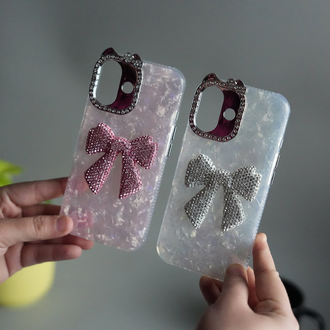 iPhone 17 Marble Design Case | Luxury Rhinestone Camera Frame & 3D Diamond Bow Cover