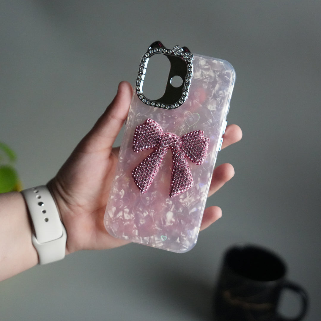 iPhone 17 Marble Design Case | Luxury Rhinestone Camera Frame & 3D Diamond Bow Cover