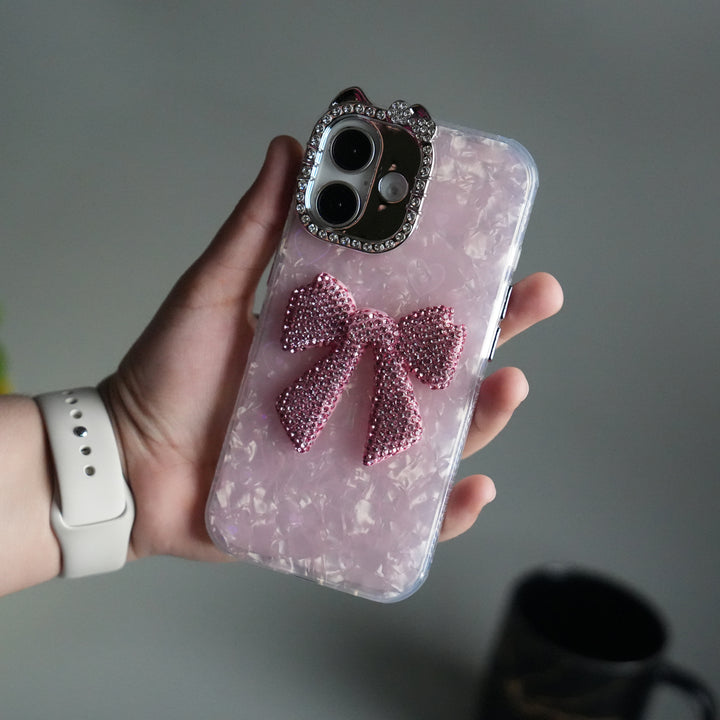 iPhone 17 Marble Design Case | Luxury Rhinestone Camera Frame & 3D Diamond Bow Cover
