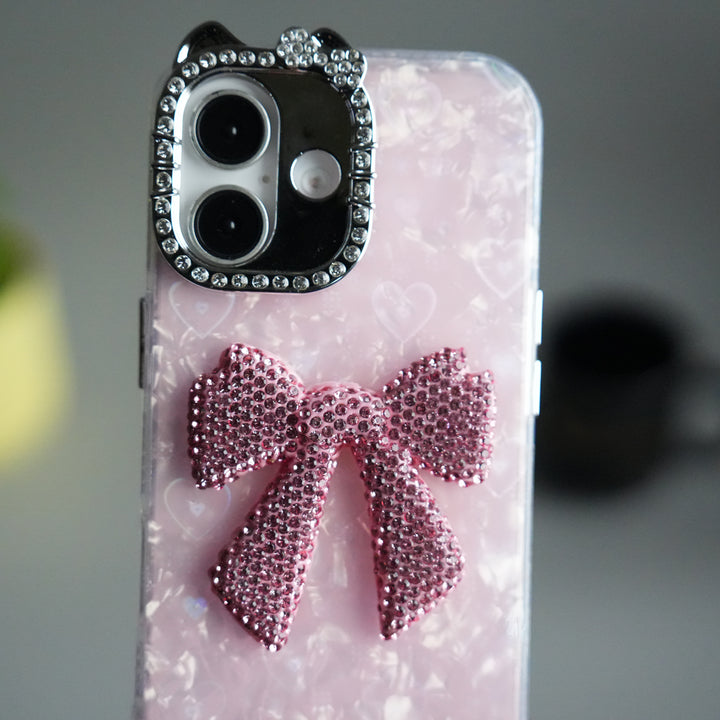 iPhone 17 Marble Design Case | Luxury Rhinestone Camera Frame & 3D Diamond Bow Cover