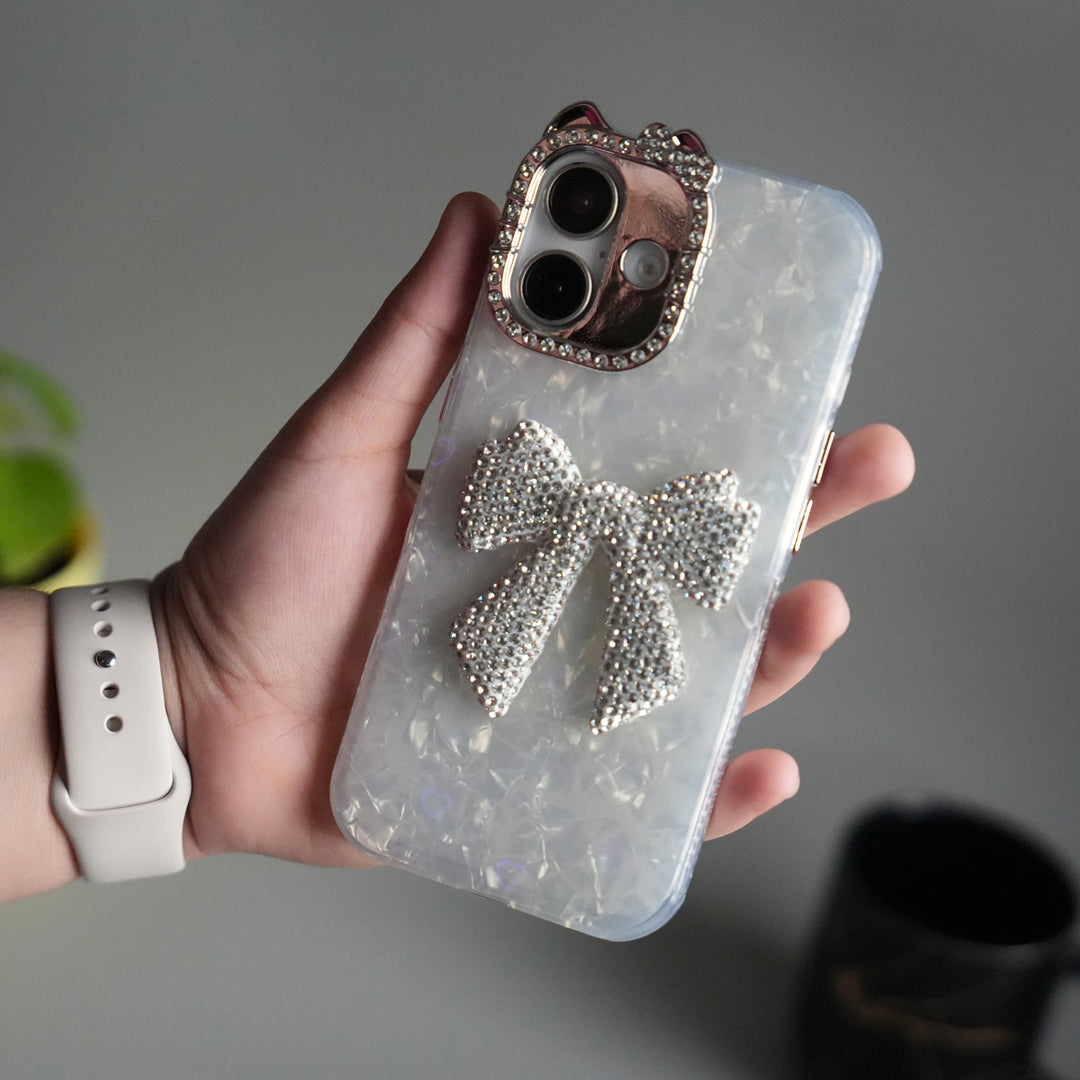 iPhone 17 Marble Design Case | Luxury Rhinestone Camera Frame & 3D Diamond Bow Cover