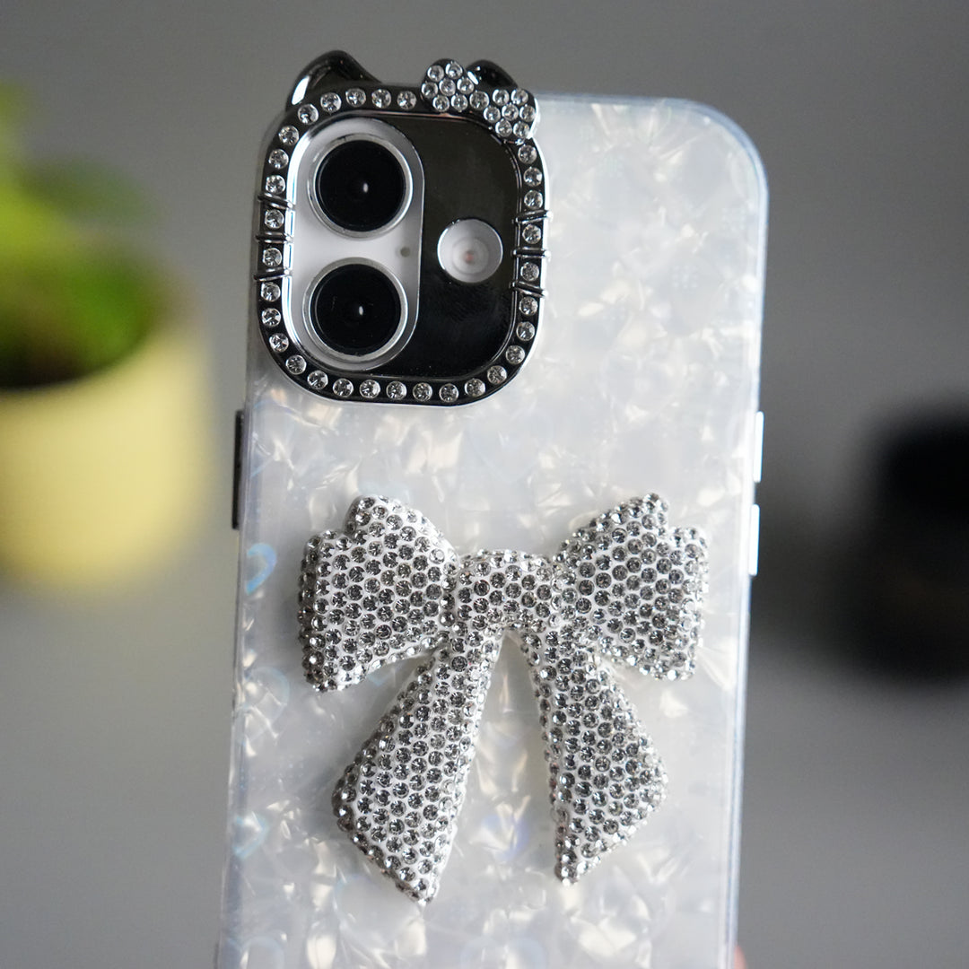 iPhone 17 Marble Design Case | Luxury Rhinestone Camera Frame & 3D Diamond Bow Cover