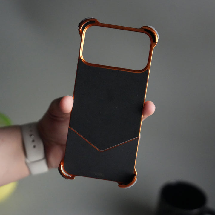 iPhone 17 Series Premium Orange Wooden Aluminium Metal Snap On Rotating Stand case