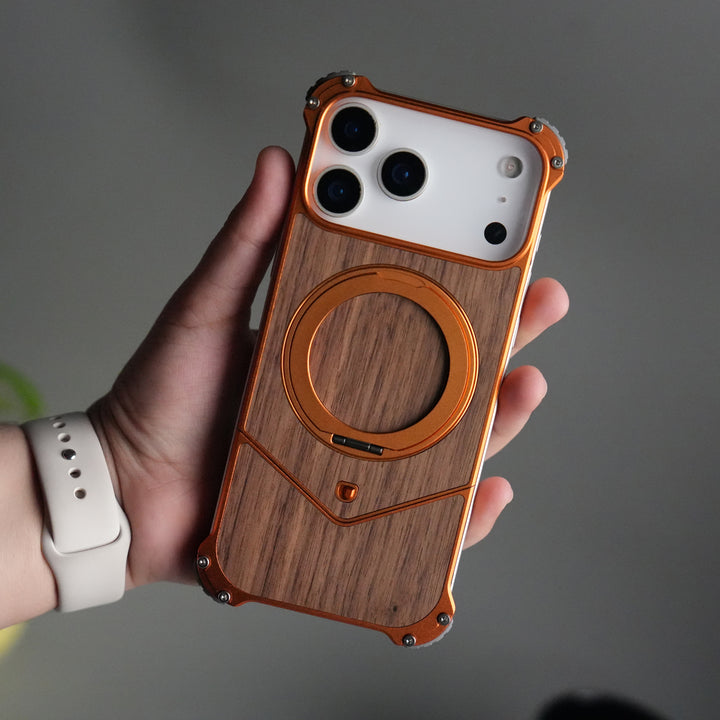 iPhone 17 Series Premium Orange Wooden Aluminium Metal Snap On Rotating Stand case