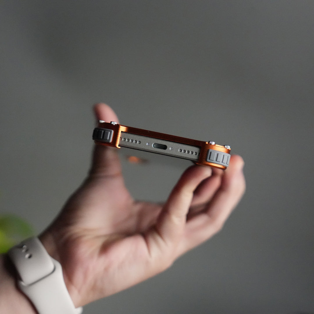 iPhone 17 Series Premium Orange Wooden Aluminium Metal Snap On Rotating Stand case