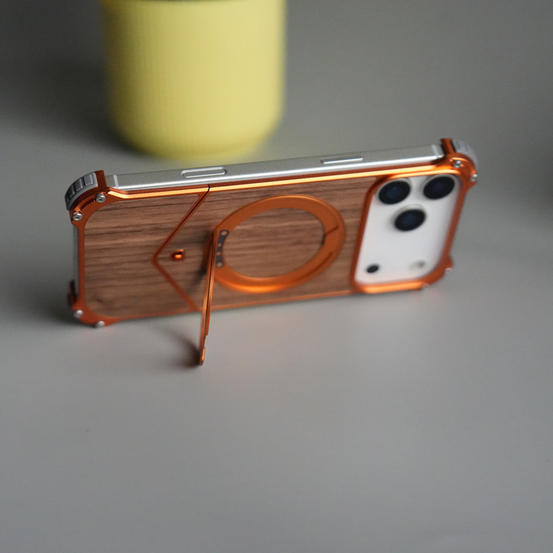 iPhone 17 Series Premium Orange Wooden Aluminium Metal Snap On Rotating Stand case