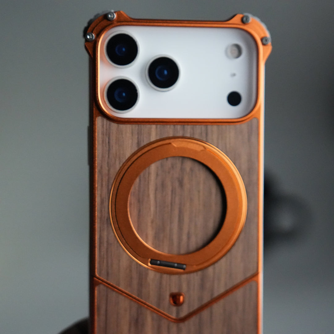 iPhone 17 Series Premium Orange Wooden Aluminium Metal Snap On Rotating Stand case