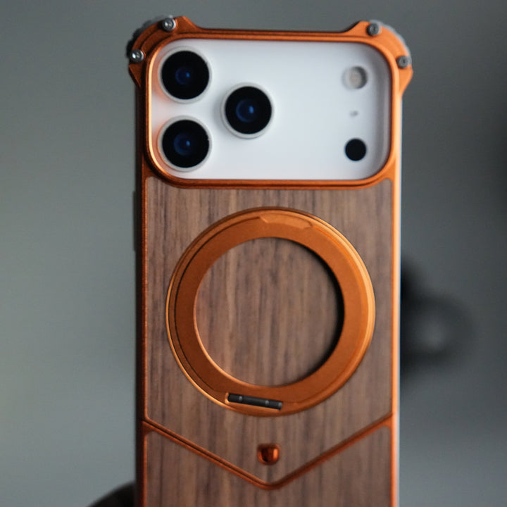 iPhone 17 Series Premium Orange Wooden Aluminium Metal Snap On Rotating Stand case
