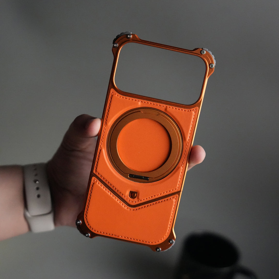 iPhone 17 Series Premium Orange Leather Aluminium Metal Snap On Rotating Stand case