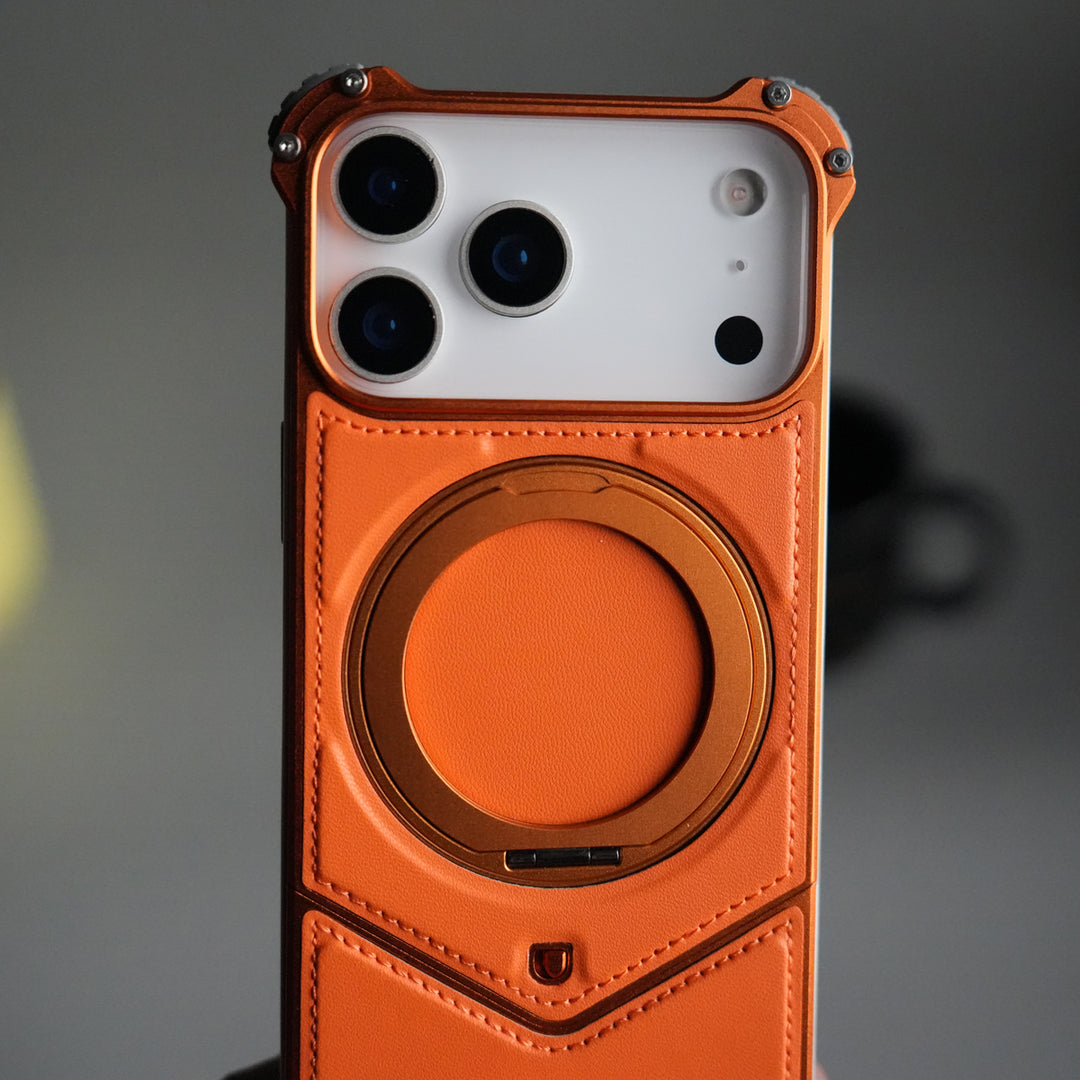 iPhone 17 Series Premium Orange Leather Aluminium Metal Snap On Rotating Stand case