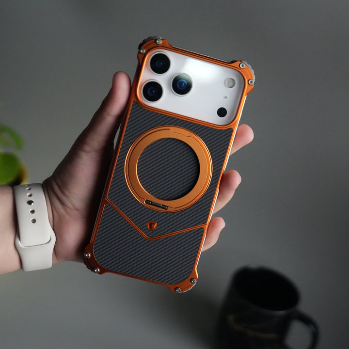 iPhone 17 Series Premium Orange Carbon Design Aluminium Metal Snap On Rotating Stand case