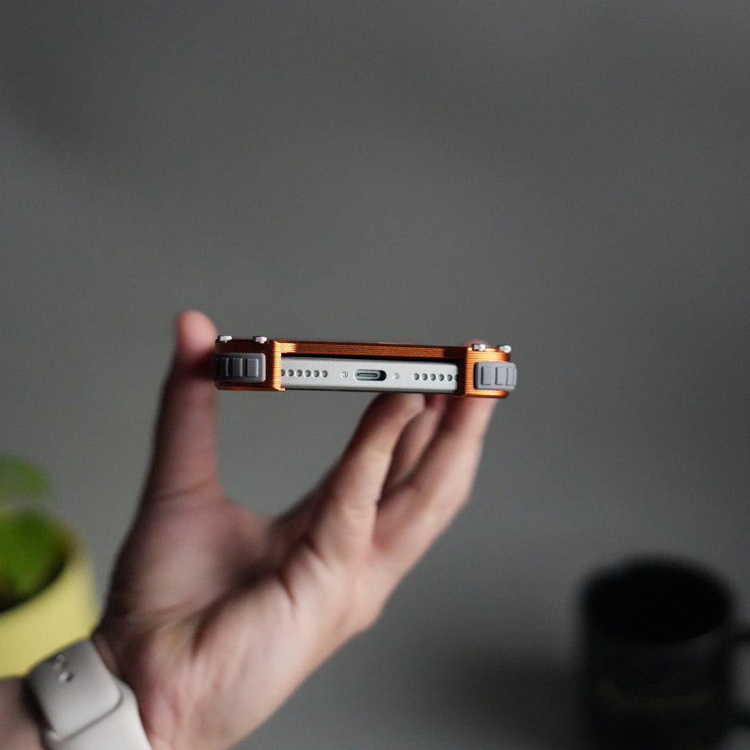 iPhone 17 Series Premium Orange Carbon Design Aluminium Metal Snap On Rotating Stand case