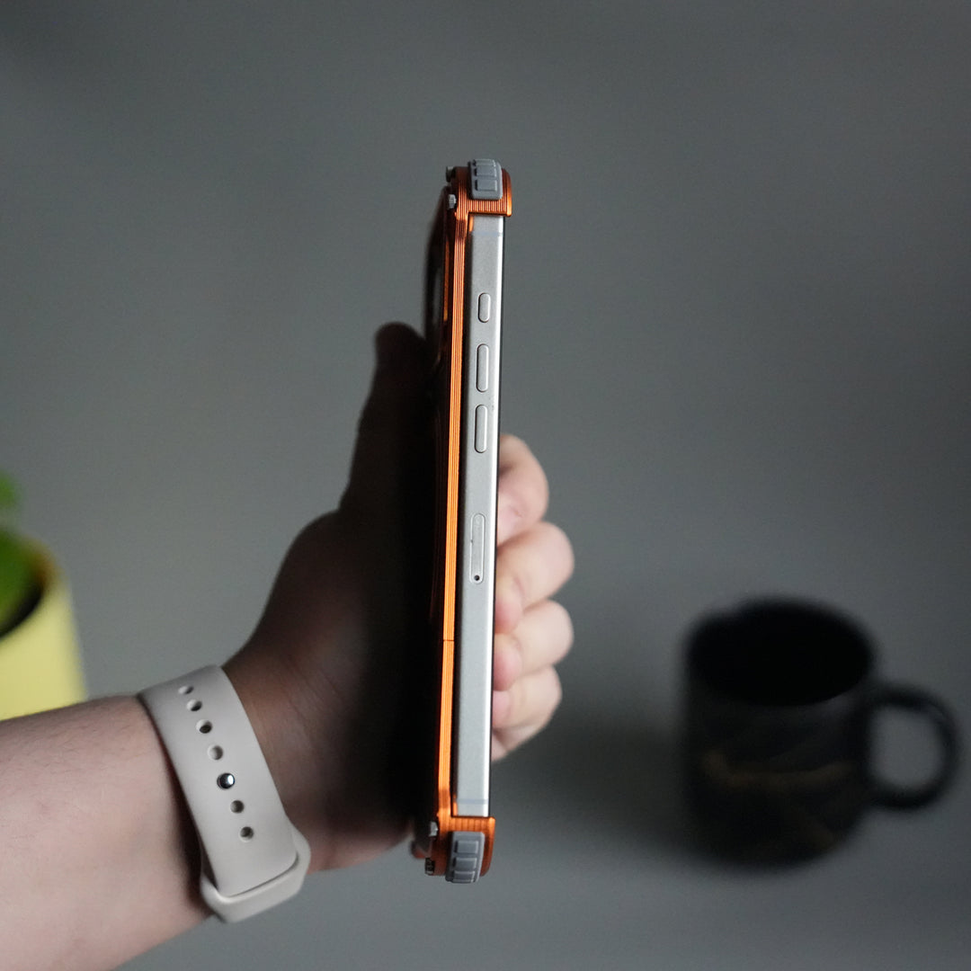 iPhone 17 Series Premium Orange Carbon Design Aluminium Metal Snap On Rotating Stand case