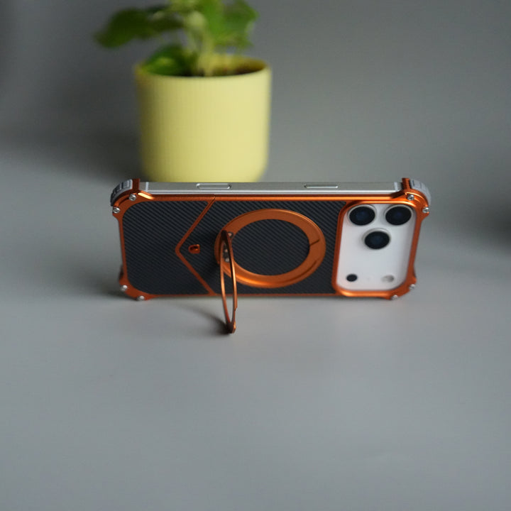 iPhone 17 Series Premium Orange Carbon Design Aluminium Metal Snap On Rotating Stand case