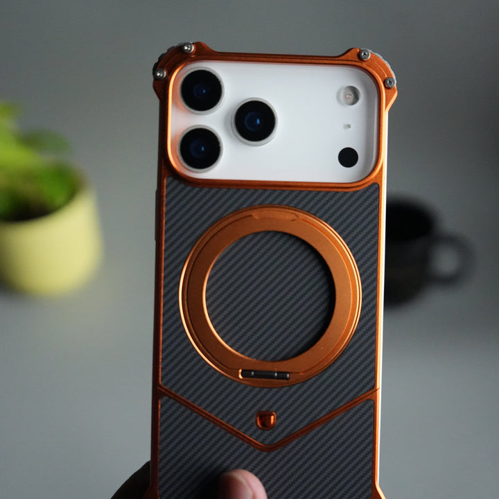 iPhone 17 Series Premium Orange Carbon Design Aluminium Metal Snap On Rotating Stand case