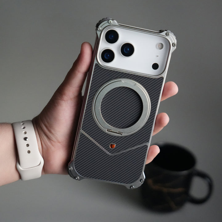 iPhone 17 Series Premium Silver Carbon Design Aluminium Metal Snap On Rotating Stand case