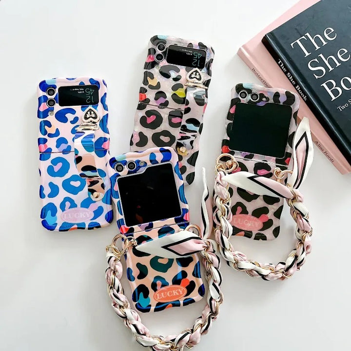 Samsung Galaxy Z Flip 6 Fashion Colorful Leopard Print Phone Case With Wrist Strap