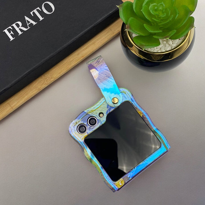 Samsung Galaxy Z Flip 5 Wavy Design Floral Print Glossy Back Case Cover With Wriststrap Holder