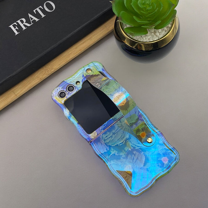 Samsung Galaxy Z Flip 5 Wavy Design Floral Print Glossy Back Case Cover With Wriststrap Holder