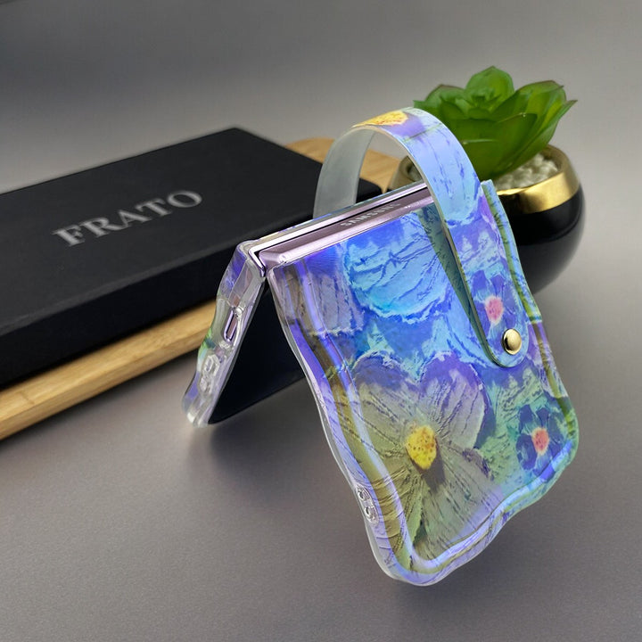 Samsung Galaxy Z Flip 5 Wavy Design Floral Print Glossy Back Case Cover With Wriststrap Holder