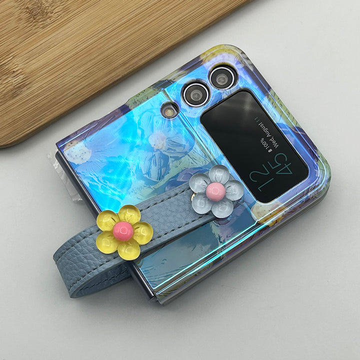 Samsung Galaxy Z Flip Series Flower Pattern Case Cover With Wriststrap Holder