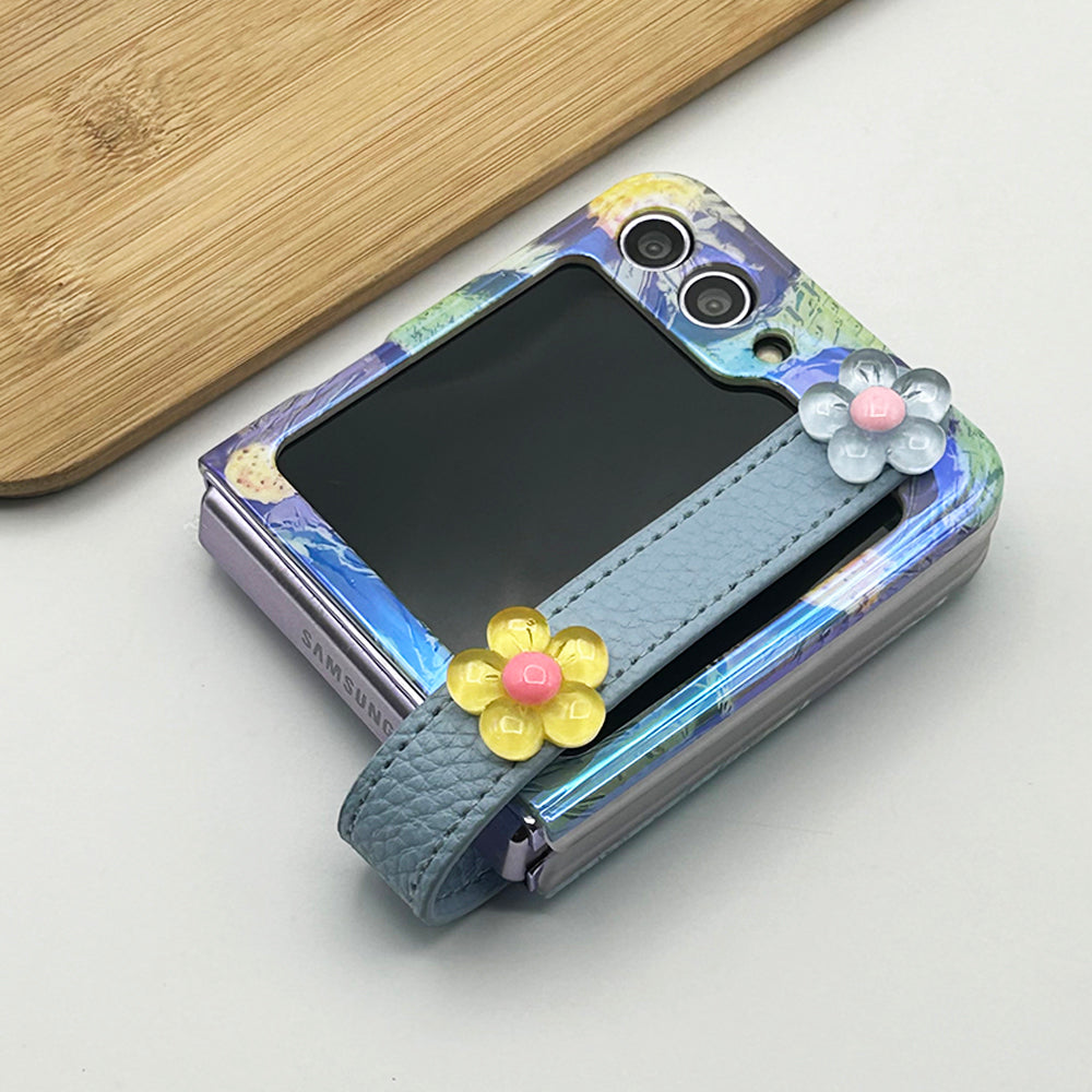 Samsung Galaxy Z Flip Series Flower Pattern Case Cover With Wriststrap Holder