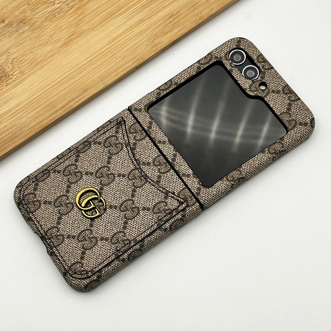 Samsung Galaxy Z Flip 5 Premium Luxury GG Brand Card Holder Leather Case Cover