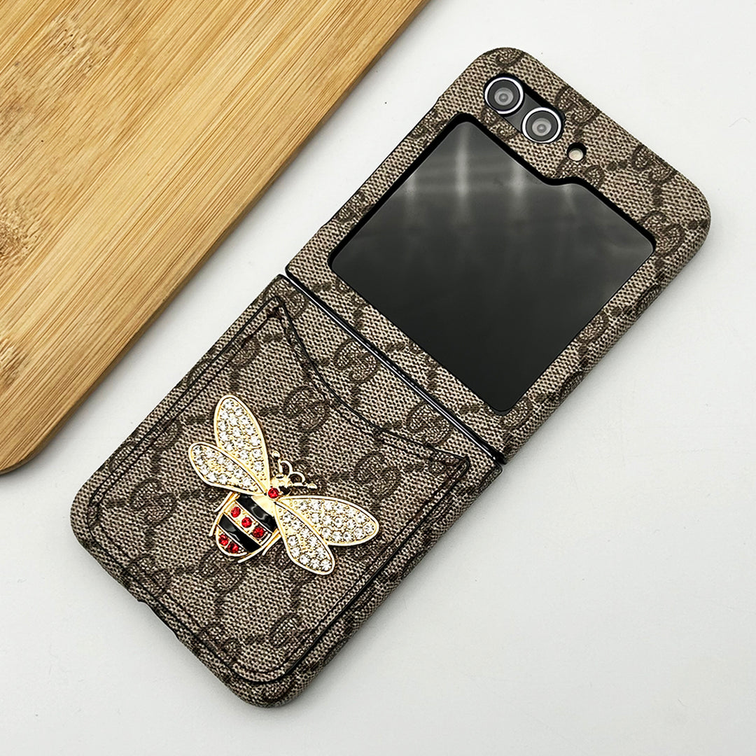 Samsung Galaxy Z Flip 5 Luxury GG Brand 3D BEE Design Card Holder Leather Case Cover