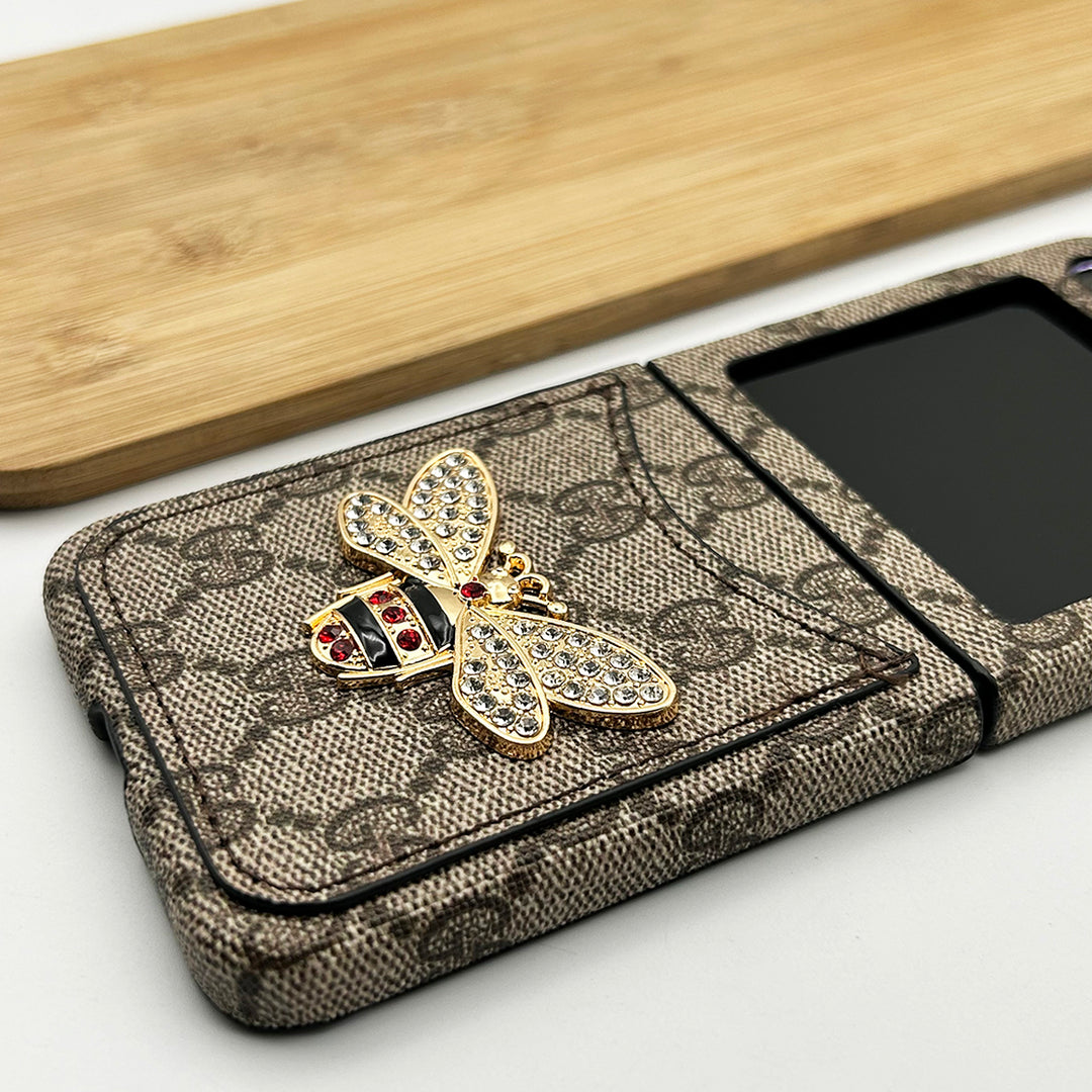 Samsung Galaxy Z Flip 5 Luxury GG Brand 3D BEE Design Card Holder Leather Case Cover