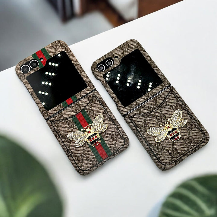 Samsung Galaxy Z Flip 5 Luxury GG Brand 3D BEE Design Card Holder Leather Case Cover