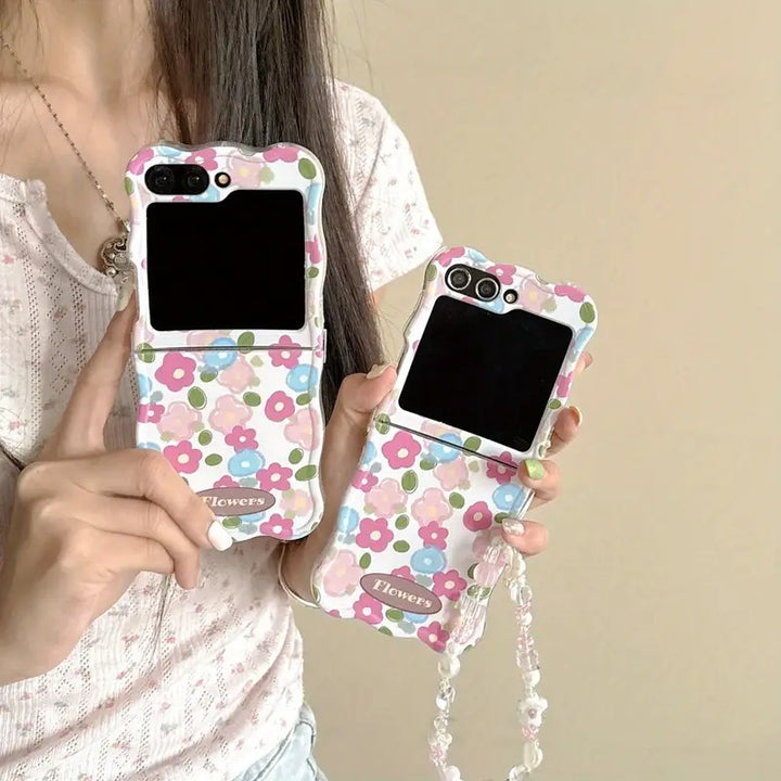 Samsung Galaxy Z Flip 6 Wavy Pink Flower Design Case Cover With Bow Pearl Bracelet