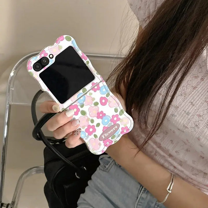 Samsung Galaxy Z Flip 6 Wavy Pink Flower Design Case Cover With Bow Pearl Bracelet