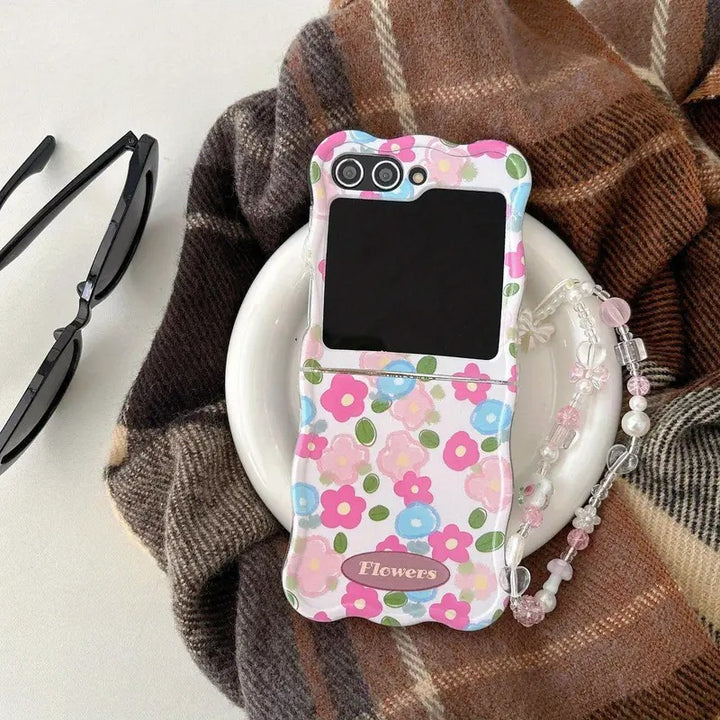 Samsung Galaxy Z Flip 6 Wavy Pink Flower Design Case Cover With Bow Pearl Bracelet
