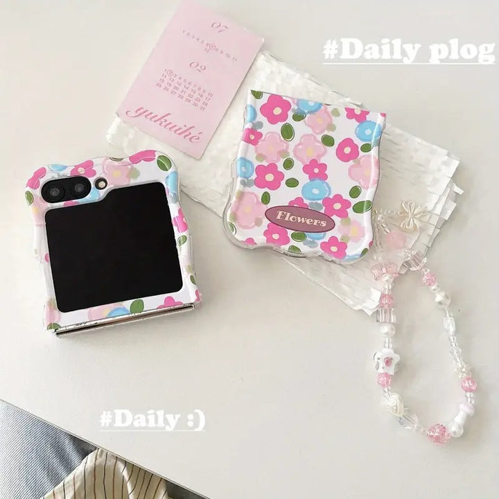 Samsung Galaxy Z Flip 6 Wavy Pink Flower Design Case Cover With Bow Pearl Bracelet