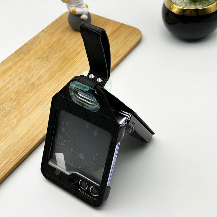 Samsung Galaxy Z Flip 5 Luxury Chrome Plated Faux Leather Case Cover With Wrist Strap Holder