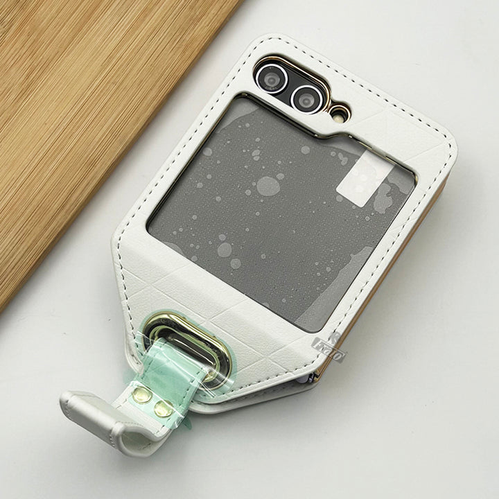 Samsung Galaxy Z Flip 5 Luxury Chrome Plated Faux Leather Case Cover With Wrist Strap Holder