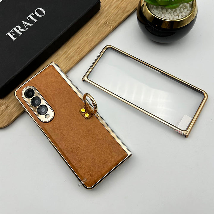 Samsung Galaxy Z Fold 4 PU Leather Chrome Plated With Front Screen Protector Metal Ring Case Cover