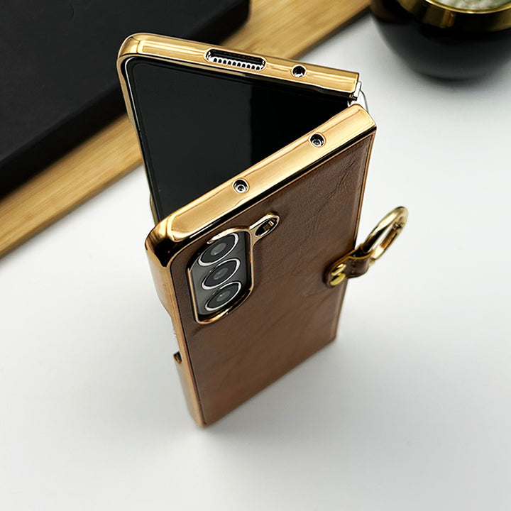 Samsung Galaxy Z Fold 5 PU Leather Chrome Plated With Front Screen Protector Metal Ring Case Cover