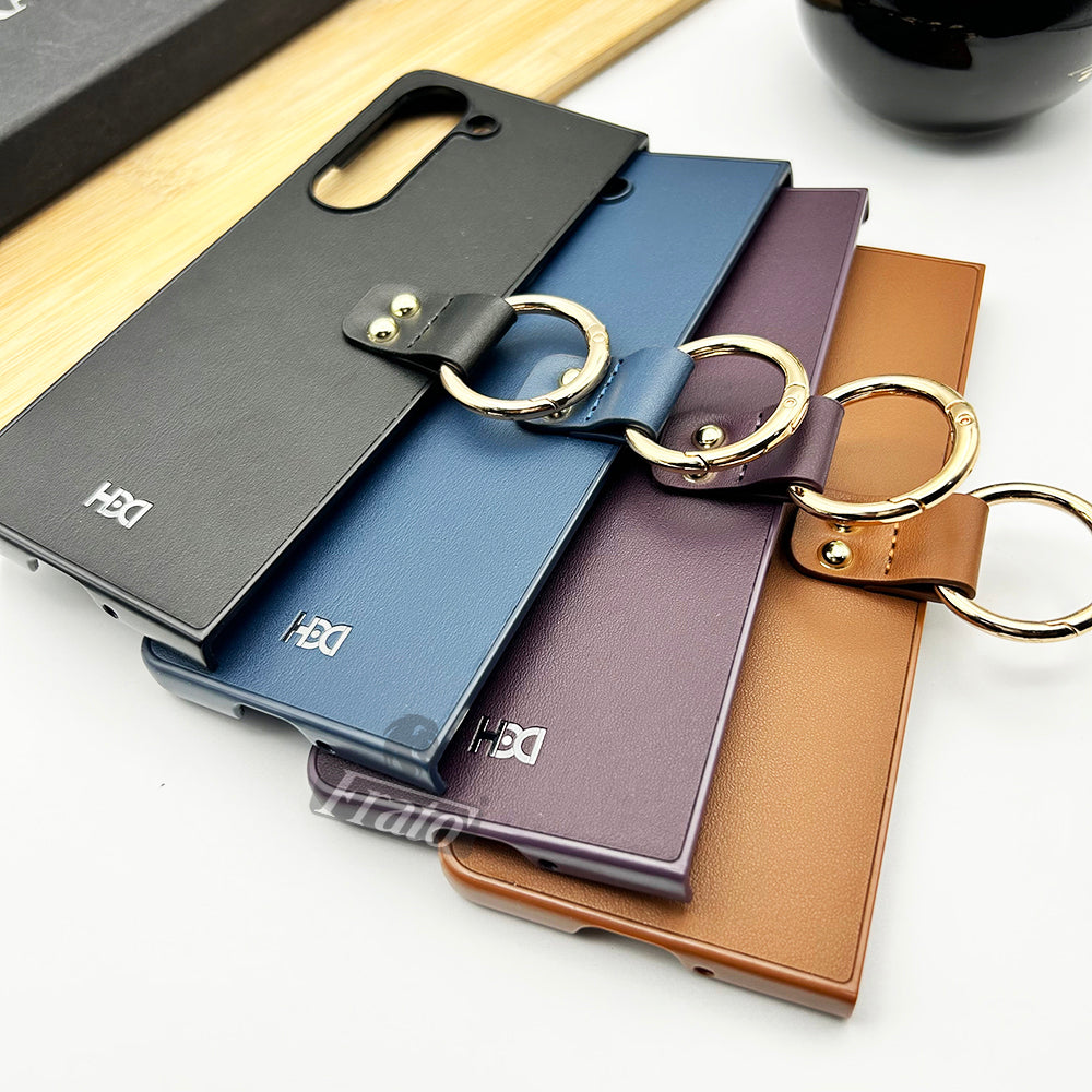 Samsung Galaxy Z Fold 5 Matte Finish PU Leather Case Cover With Metal Ring Holder
