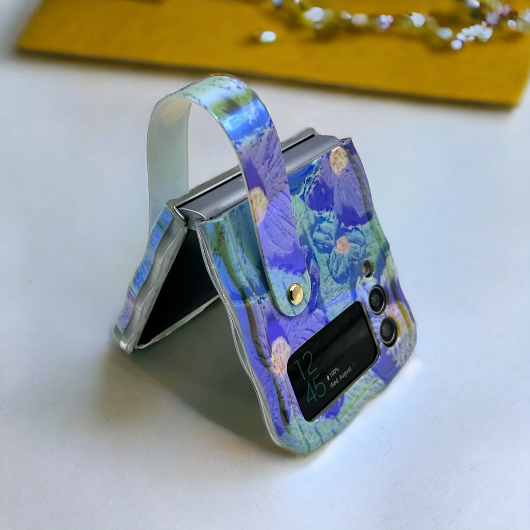 Samsung Galaxy Z Flip 4 Wavy Design Floral Print Glossy Back Case Cover With With Wriststrap Holder