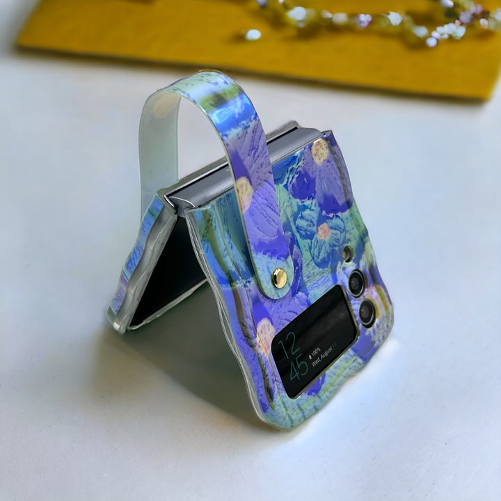 Samsung Galaxy Z Flip 4 Wavy Design Floral Print Glossy Back Case Cover With With Wriststrap Holder