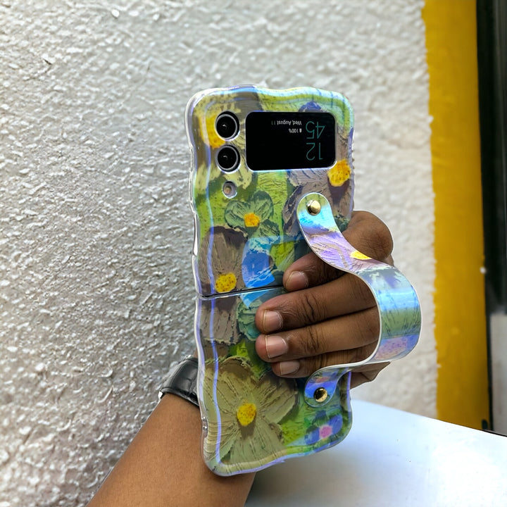 Samsung Galaxy Z Flip 4 Wavy Design Floral Print Glossy Back Case Cover With With Wriststrap Holder