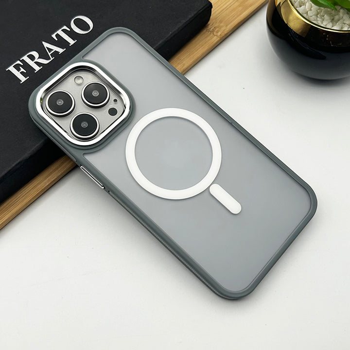 iPhone 15 Series Frosted Matte Finish Metal Frame Camera Protection Magsafe Case Cover (Grey)