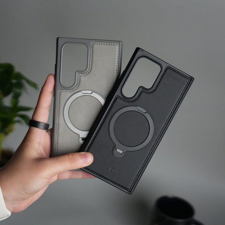 Galaxy S24 Ultra Leather Case | Luxury Metal Ring Stand Back Cover | Shockproof Protective Case